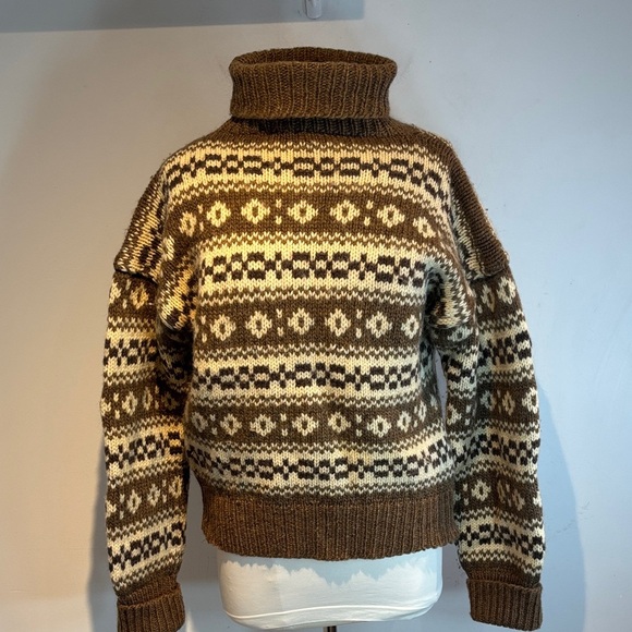 Sweaters - Handmade Brown Patterned wool  Turtleneck Sweater size S/M
